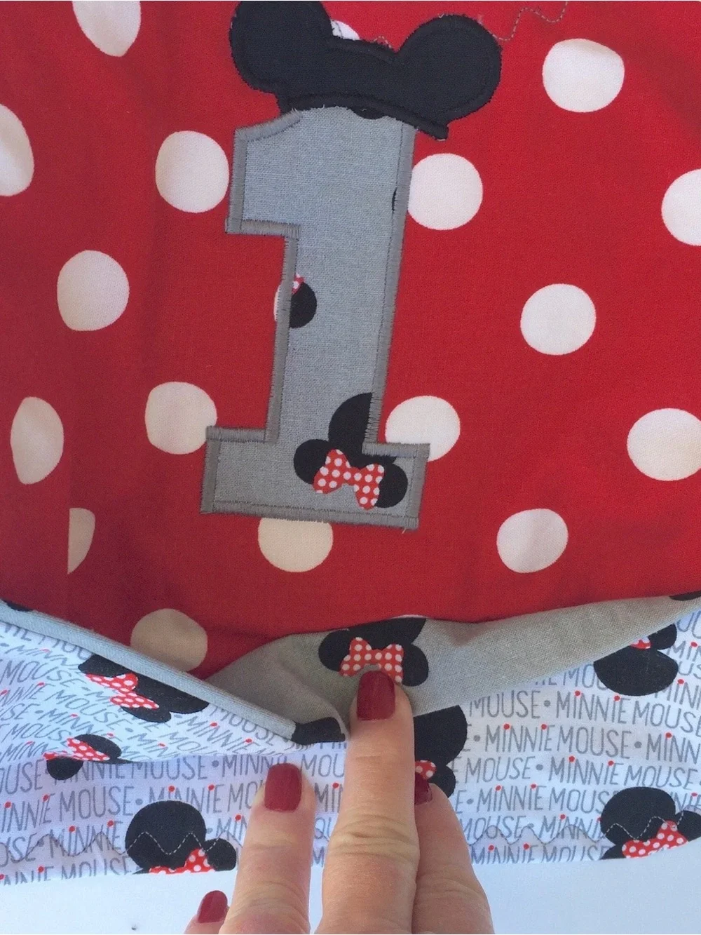 Red Polka Dot Baby’s First Birthday Bib with Minnie Character and Number 1